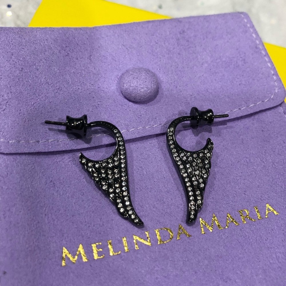 Melinda Maria Gunmetal Wing Hoop Earrings with Crystal Accents - Picture 3 of 7